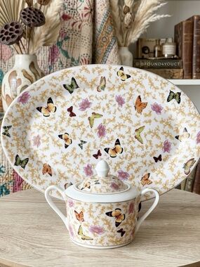 Sorelle Butterfly Porcelain Platter w/ Lidded Bowl Cottagecore Serving Set Decor